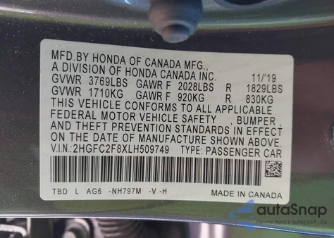 2020 Honda Civic Sport из США, поврежденный, VIN 2HGFC2F8XLH509749